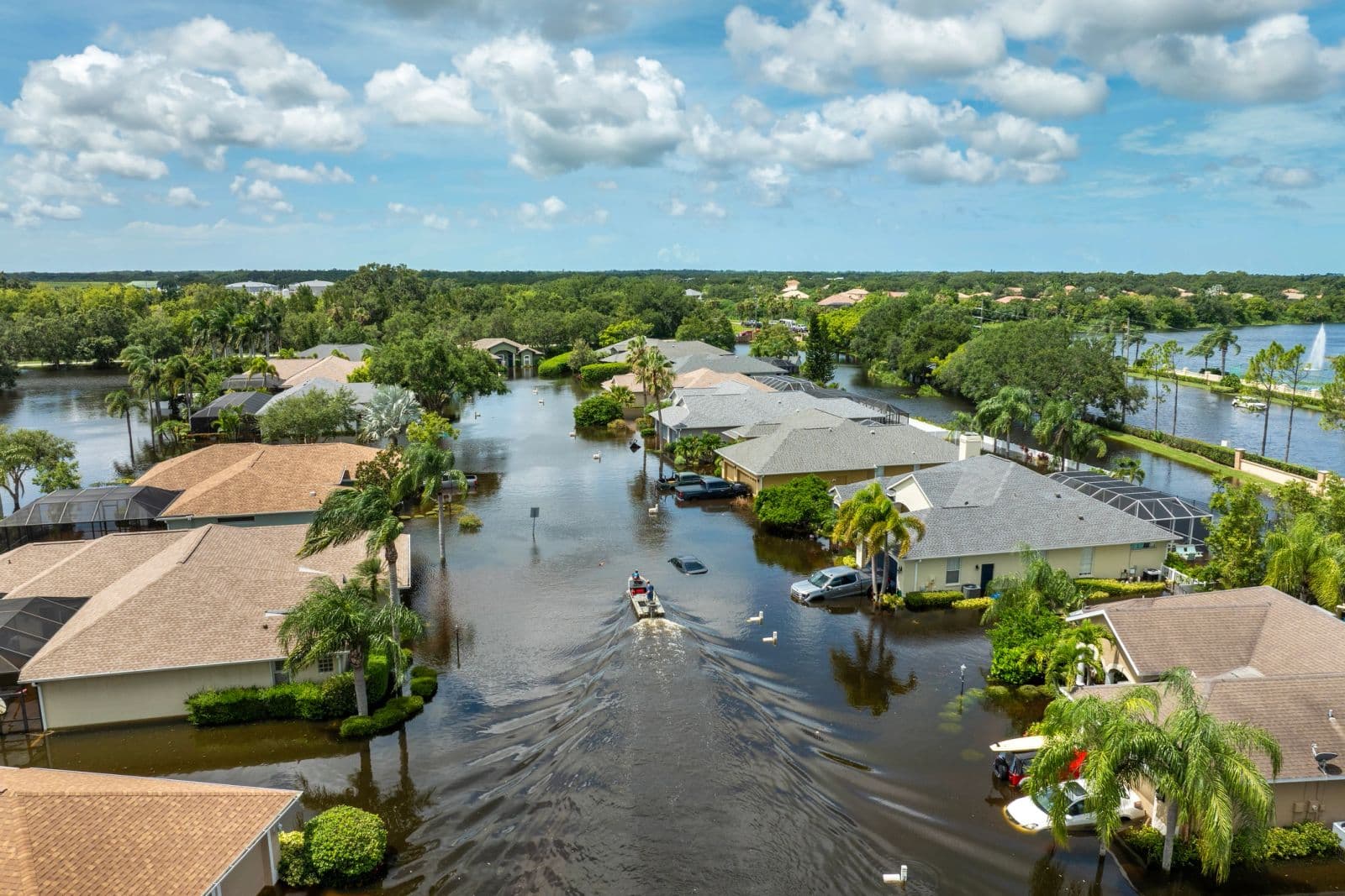 Aerial view of a neighborhood near water representing flood risk